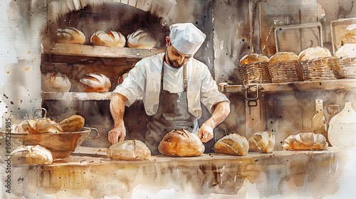 A baker making bread in a rustic bakery. Watercolor painting illustration.