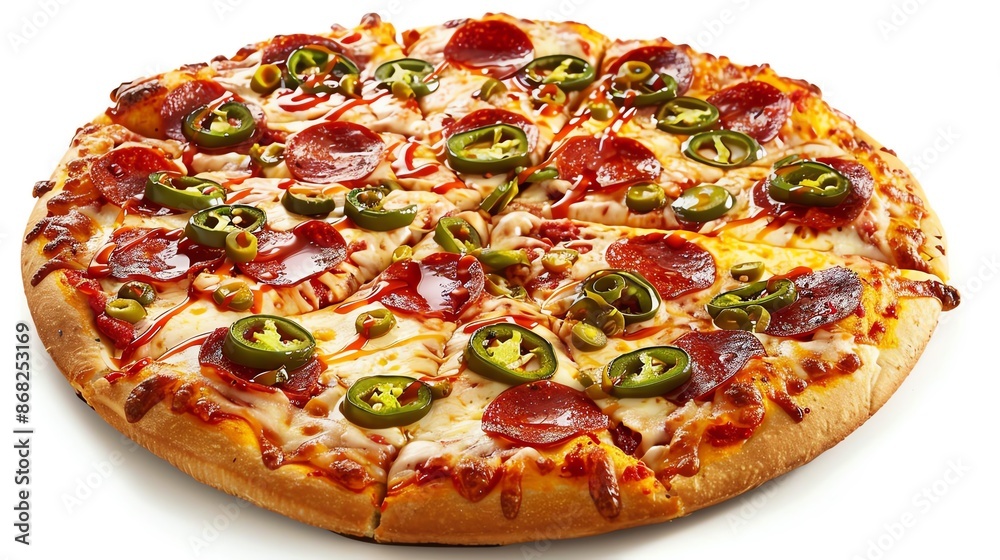 Hot and spicy pizza with jalapenos, pepperoni, and a drizzle of hot sauce, isolated on white background, copy space Hot and spicy pizza with jalapenos, pepperoni, and a drizzle of hot sauce, isolated on white background, copy space