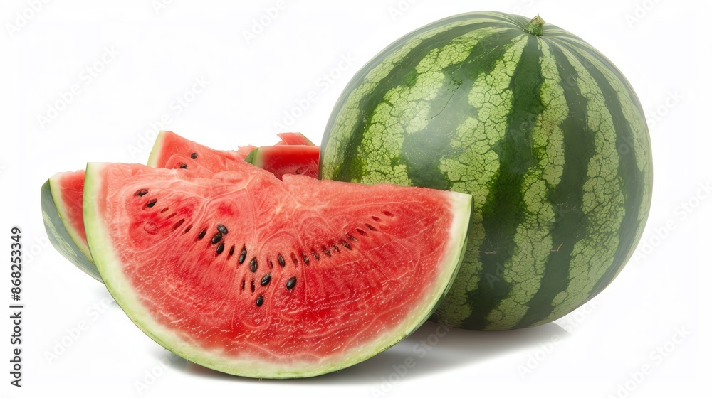 Whole watermelon with a slice cut out, showing the juicy red interior, isolated on white background, copy space Whole watermelon with a slice cut out, showing the juicy red interior, isolated on white background, copy space