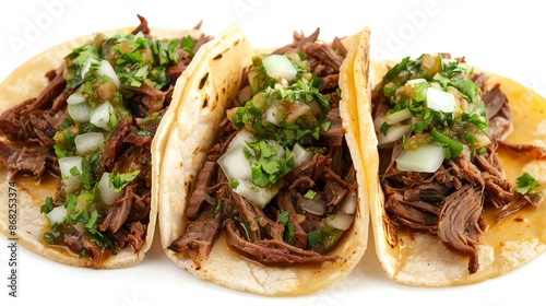 Beef barbacoa tacos with tender shredded beef, onions, and salsa verde, rich and flavorful, isolated on white background, copy space