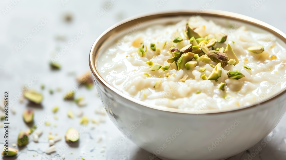 Closeup of homemade kheer with rice and milk, topped with chopped pistachios, isolated on white background, copy space Closeup of homemade kheer with rice and milk, topped with chopped pistachios, isolated on white background, copy space