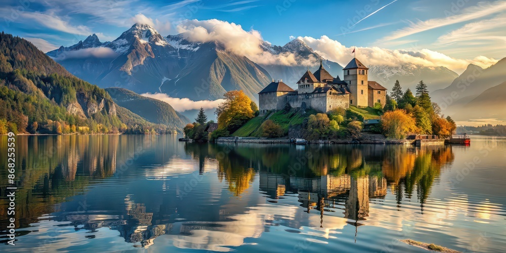 Obraz premium Ancient castle floating on a lake with breathtaking mountain views, Lake, castle, ancient, floating, scenic, mountains