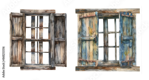 Wooden window, watercolor clipart illustration with isolated background. © NightCreativity