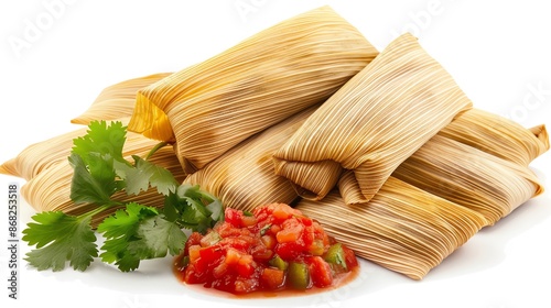 Closeup of freshly steamed tamales with red and green salsa, delicious Mexican dish, isolated on white background, copy space