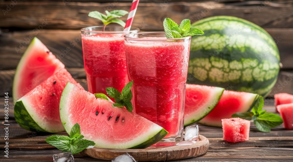 Watermelon juice in glass with fresh watermelons on wooden table, summer background. Watermelon smoothie or cocktail with mint leaves and slice of fruit.