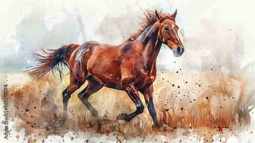 A graceful horse running through an open field. Watercolor painting illustration.