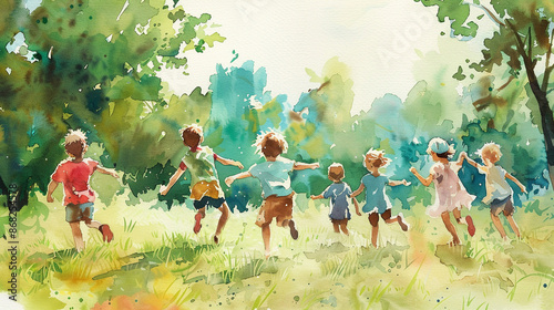 A group of children playing in a park. Watercolor painting illustration.