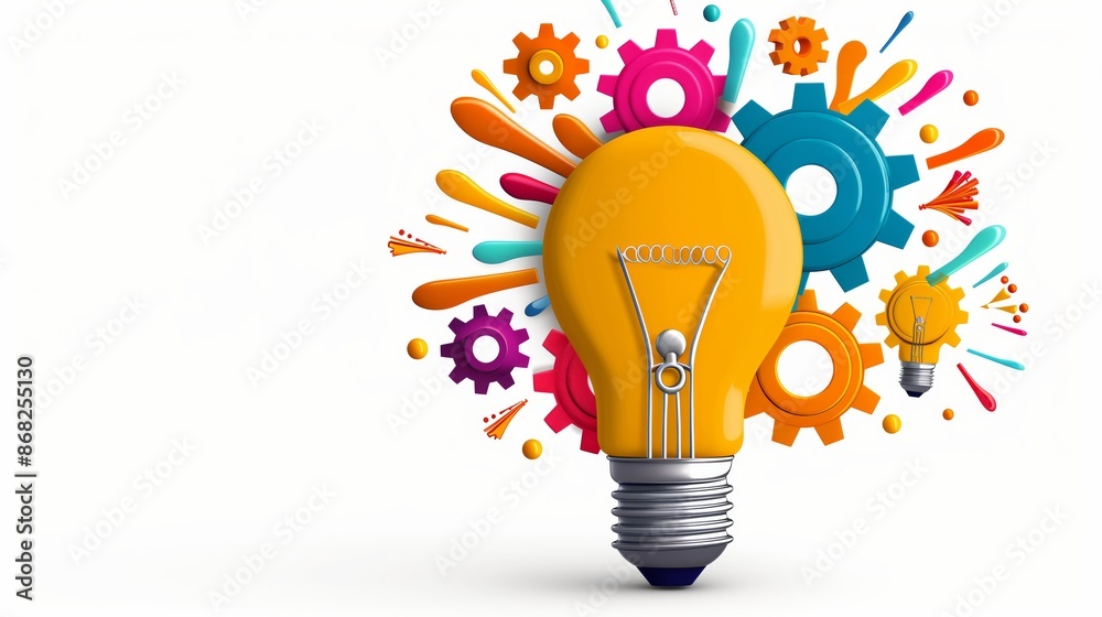 Abstract illustration of light bulbs, gears, and colorful sparks symbolizing creative innovation process and idea generation for workshops and seminars Abstract illustration of light bulbs, gears, and colorful sparks symbolizing creative innovation process and idea generation for workshops and seminars