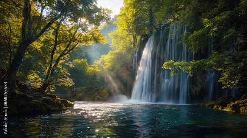 A waterfall in a serene forest glade, with sunlight filtering through the trees and illuminating the water