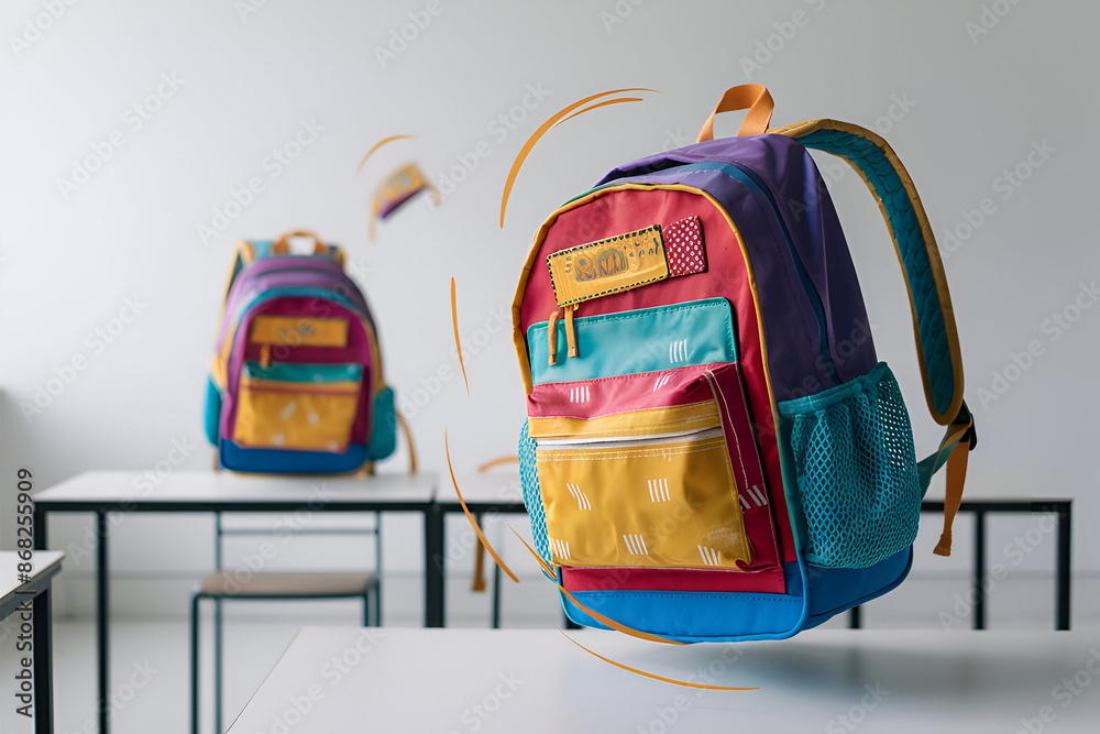 Fototapeta premium Colorful School Backpack in a Classroom white background, Back to school. Ai generative