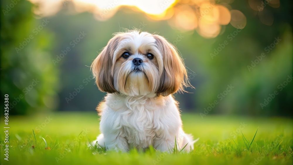 Adorable fluffy Shih Tzu dog sitting on a grass field, cute, pet, companion, small, breed, canine, fluffy, fur, domestic Adorable fluffy Shih Tzu dog sitting on a grass field, cute, pet, companion, small, breed, canine, fluffy, fur, domestic