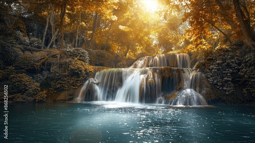 A waterfall in a serene forest glade, with sunlight filtering through the trees and illuminating the water