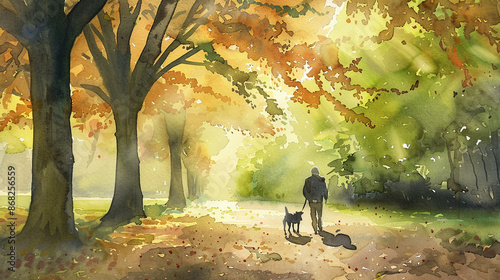 A person walking a dog through a leafy park. Watercolor painting illustration.