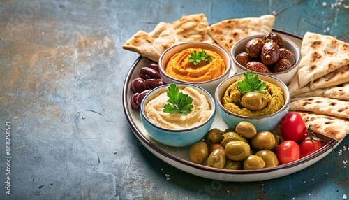 A vibrant Mediterranean mezze platter with hummus, falafel, olives, pita bread.