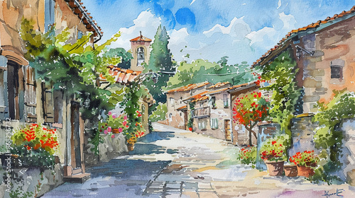 A quiet street in a small European village. Watercolor painting illustration. photo