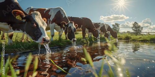 Fototapeta Naklejka Na Ścianę i Meble -  Promoting animal welfare through cows drinking fresh water from solar-powered troughs, ensuring sustainable farming practices and hydration in agriculture