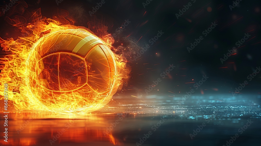 Fototapeta premium Photorealistic depiction of a flaming volleyball, mid-action on a floodlit court, dark background, dynamic movement, ample copy space.