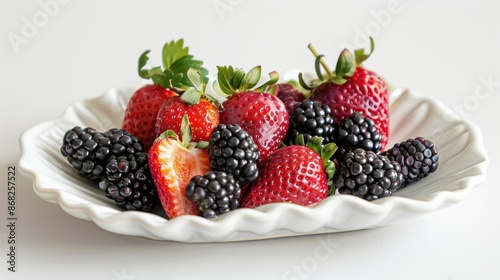 Mixberries, strawberries and blackberries on small unique shape white ceramic plate
