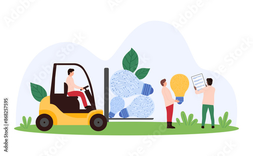 IT startup, digital smart science innovation, futuristic idea research. Tiny people carry light bulbs with microchips inside on forklift, new creative solution engineering cartoon vector illustration © Flash Vector