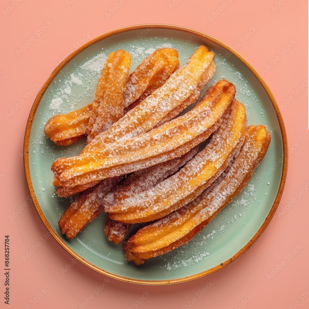 Close up view of fresh churros dusted with powdered sugar on a teal plate. Close up view of fresh churros dusted with powdered sugar on a teal plate.