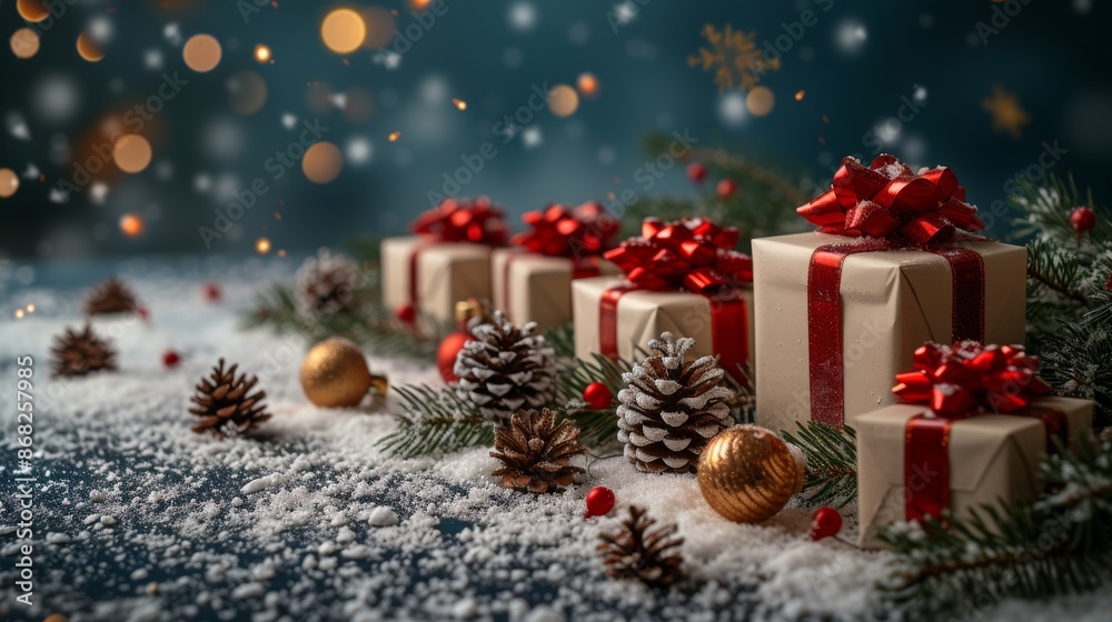 A Close up of a Group of Christmas Presents with Red Bows and Pine Cones - Generative AI