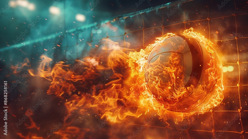 Photorealistic volleyball engulfed in flames, captured mid-air on a court under floodlights, dark background, dynamic movement, ample copy space. Photorealistic volleyball engulfed in flames, captured mid-air on a court under floodlights, dark background, dynamic movement, ample copy space.
