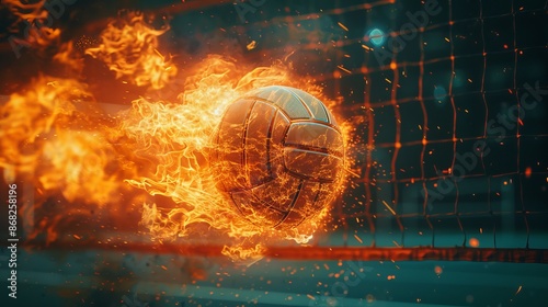 Photorealistic volleyball engulfed in flames, captured mid-air on a court under floodlights, dark background, dynamic movement, ample copy space.