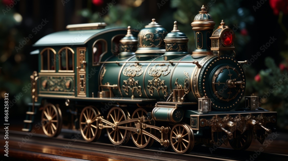 Fototapeta premium A vintage green and gold toy train sits on a wooden table next to a decorated Christmas tree.
