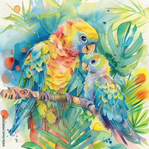 A Mother Parrot Diligently Preening Her Babys Feathers in Their Vibrant Tropical Rainforest Home - This exquisite watercolor showcases a tender moment between a mother parrot and her baby, as she lovi photo