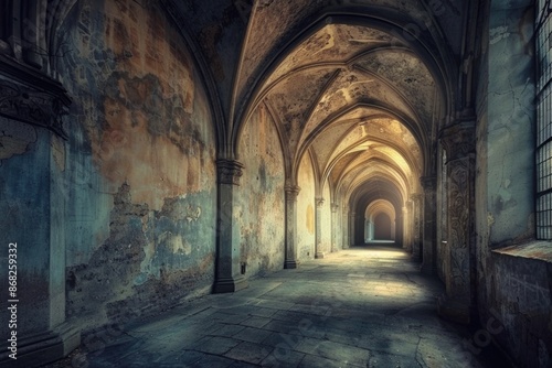 Ancient Church: Interior View of Abandoned Abbey with Arches and Corridors