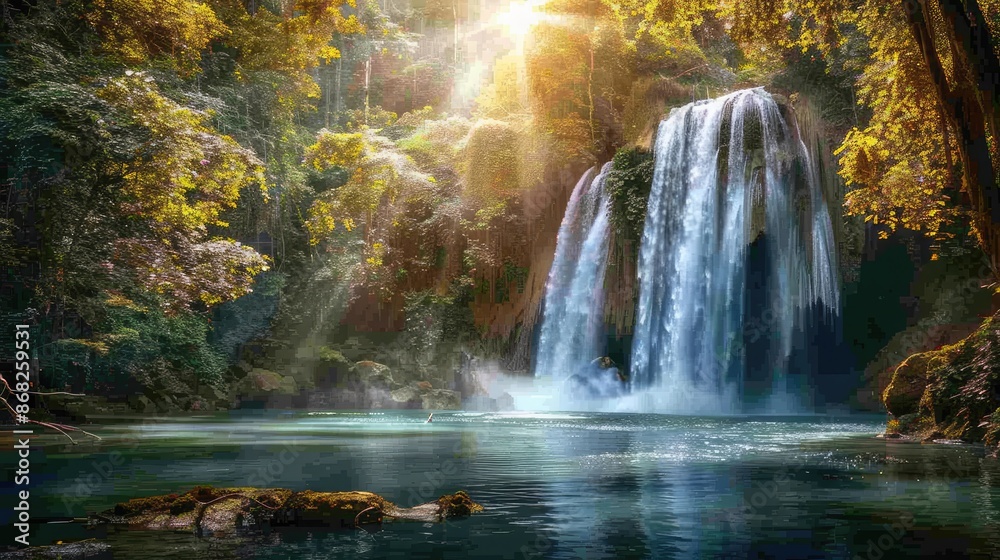 A waterfall in a serene forest glade, with sunlight filtering through the trees and illuminating the water A waterfall in a serene forest glade, with sunlight filtering through the trees and illuminating the water