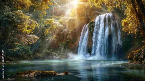 A waterfall in a serene forest glade, with sunlight filtering through the trees and illuminating the water