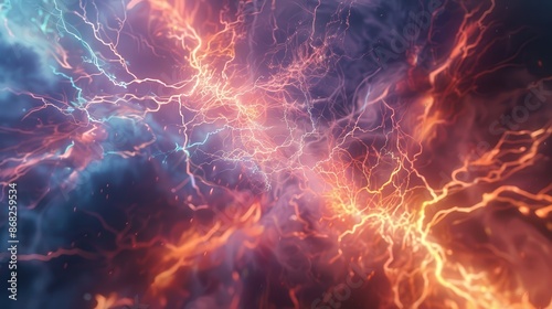 Against a clear backdrop, a dazzling flash of lightning and thunder bursts forth, resembling a modern depiction of electrical energy or a powerful thunderbolt in the sky