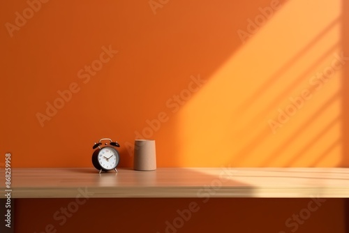 Black alarm clock on wooden desk front orange wall background. Paper container for pencils.