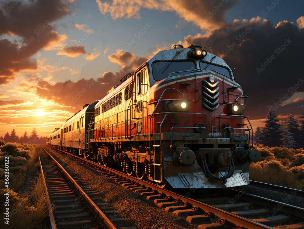 A cargo train hauling containers and merchandise barrels travels down a railroad track through a rural landscape at night. A cargo train hauling containers and merchandise barrels travels down a railroad track through a rural landscape at night.
