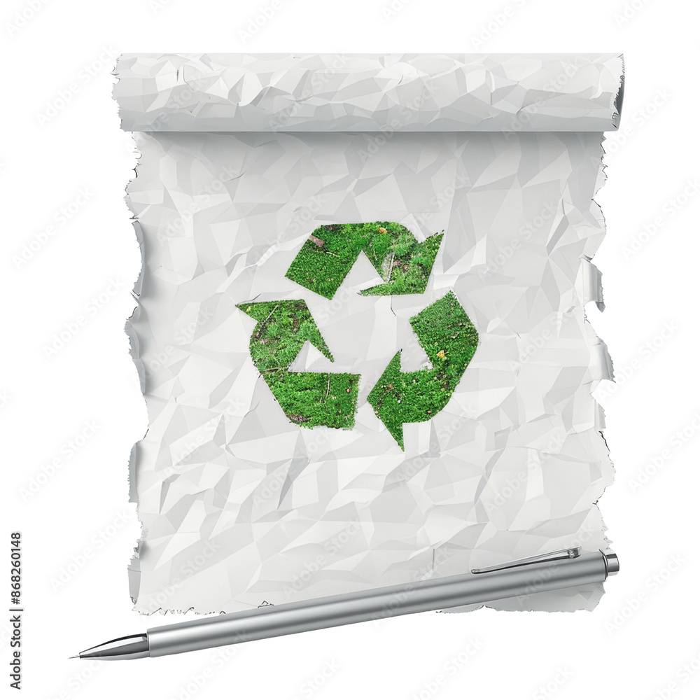 Crumpled paper notepad with pen and green recycle symbol on the paper ...