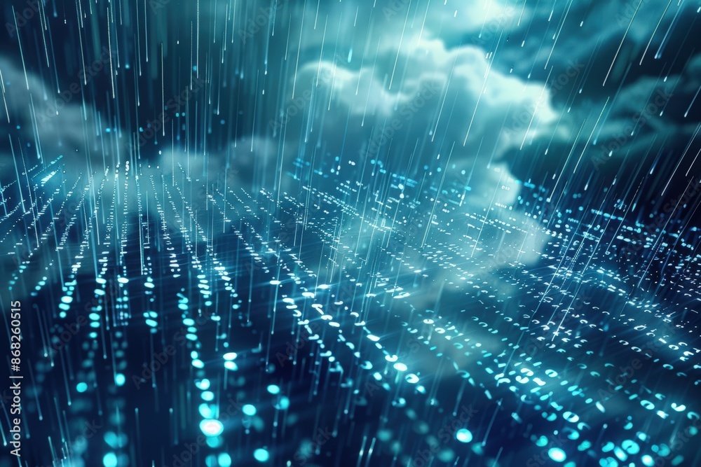 Fototapeta premium Digital rain of binary code streaming through a futuristic cloud computing interface, symbolizing real-time data processing and cloud-based information flow 