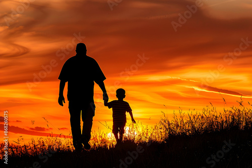 silhouette of father and son walking hand in hand at sunset, the father holding his little boy's hands as they walk together on the grassy field against an orange sky with space for text or message
