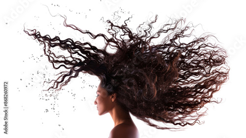 Long curly Wig hair style fly fall explosion on transparent  background photo