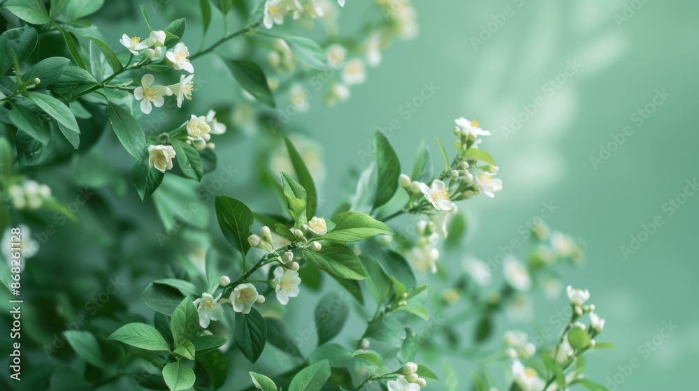 A detailed view of fresh jasmine flowers against a soft green background, capturing their delicate beauty and fragrant appeal. A detailed view of fresh jasmine flowers against a soft green background, capturing their delicate beauty and fragrant appeal.