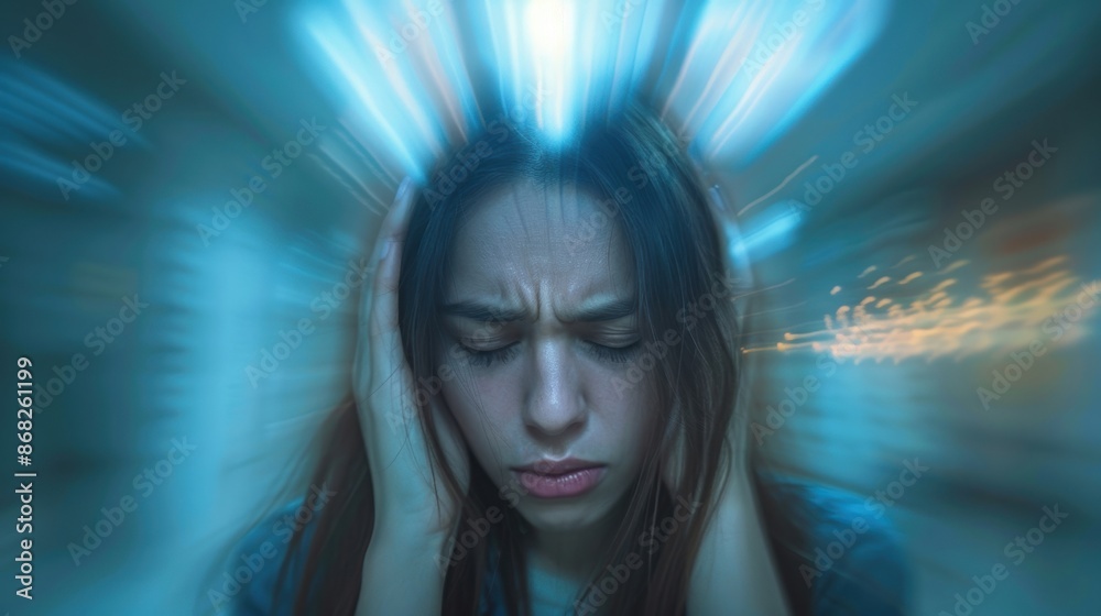 A young woman experiencing stress, holding her head with a blurred motion effect around her, emphasizing her emotional turmoil and anxiety. A young woman experiencing stress, holding her head with a blurred motion effect around her, emphasizing her emotional turmoil and anxiety.