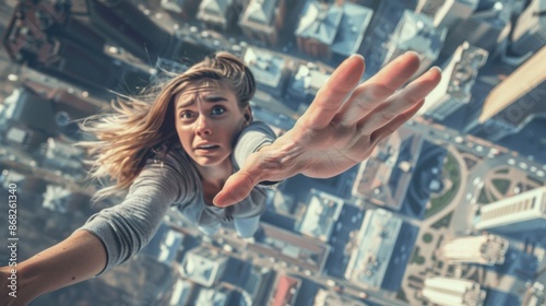 A woman appears to be falling from a great height, reaching out with a terrified expression, capturing a moment of intense fear and desperation.