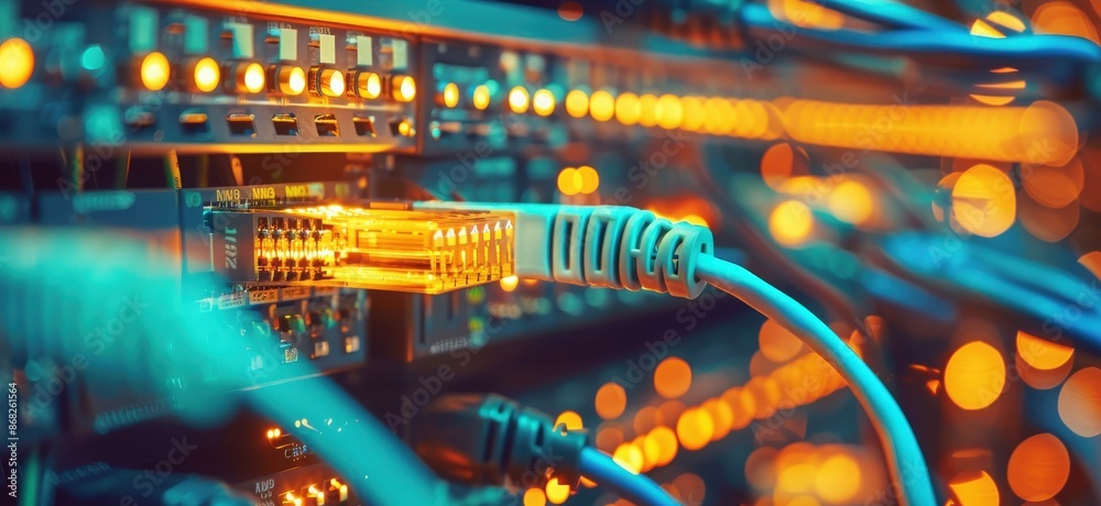 Fototapeta premium Implementation of fiber optic network infrastructure for a new corporate building, enhancing technology networking and digital communication capabilities to support modern business operations 