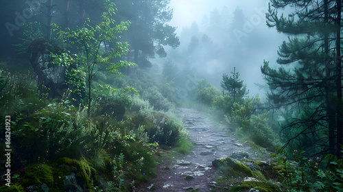 Beautiful panoramic view of a path in a misty and foggy forest during a rainy day,a forest trail obscured by morning fog,green forest nature professional photography © sami