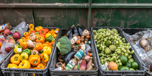 Food waste and loss. Bins full of discarded fruits and vegetables. Concept of sustainability, food security, and environmental impact.
