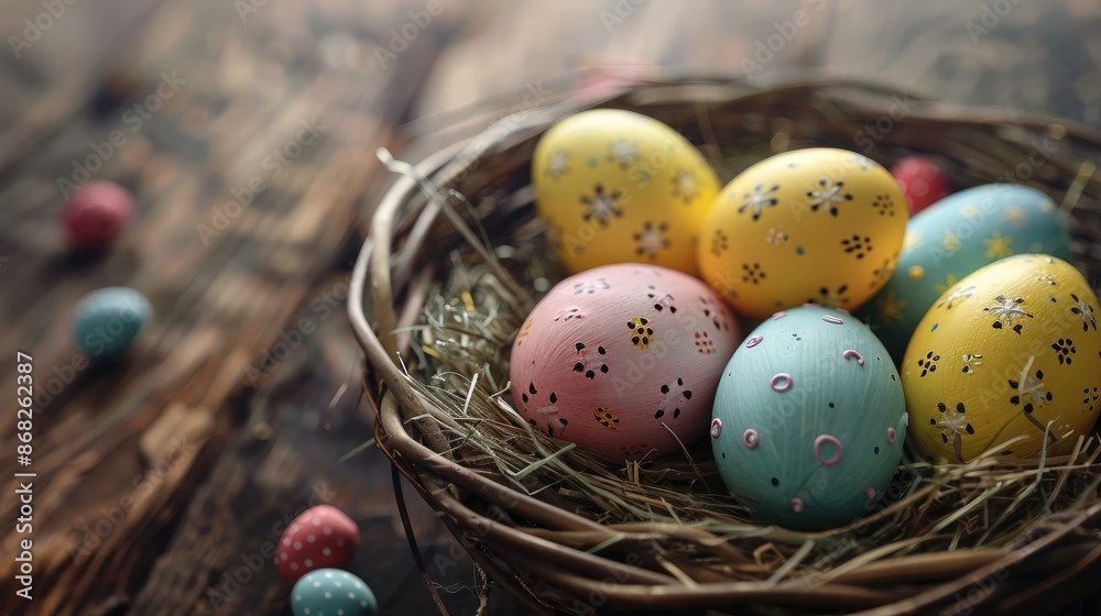 colorful easter eggs in basket . With copy space colorful easter eggs in basket . With copy space