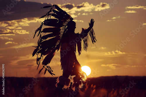 Silhouette of Native American Indian in traditional dress dancing with animal feather headdress at sunset, high resolution photo realistic