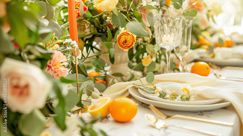 Table decor with fruits in citrus garden, holiday tablescape and dinner table setting, formal event decoration for wedding, family celebration, English country and home styling Table decor with fruits in citrus garden, holiday tablescape and dinner table setting, formal event decoration for wedding, family celebration, English country and home styling