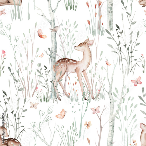 Canvas Print Watercolor Woodland animals seamless pattern