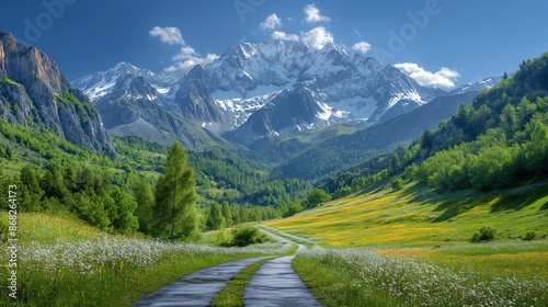 Majestic Route Napoleon in French Alps with Snow-Capped Peaks and Green Meadows under Summer Sky, Minimalist Landscape